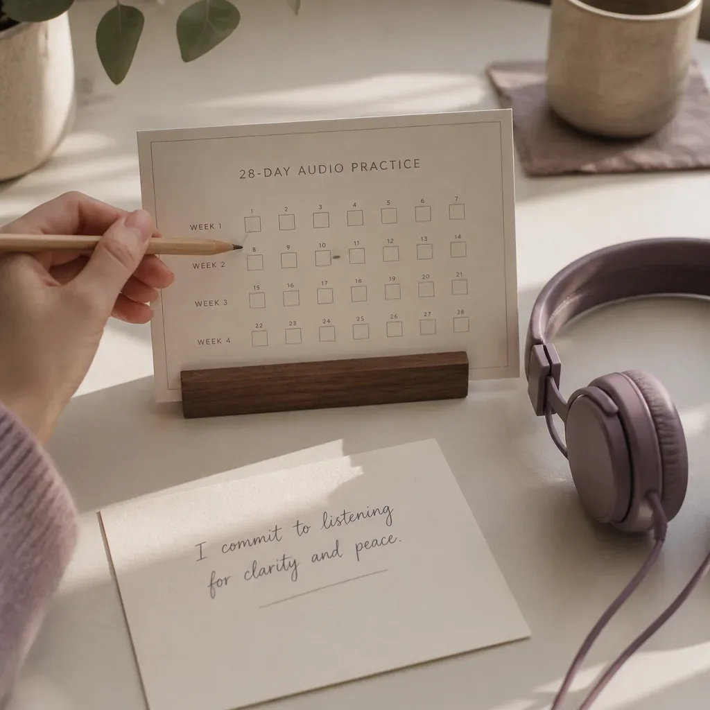 Notebook tracker with headphones and handwritten intention