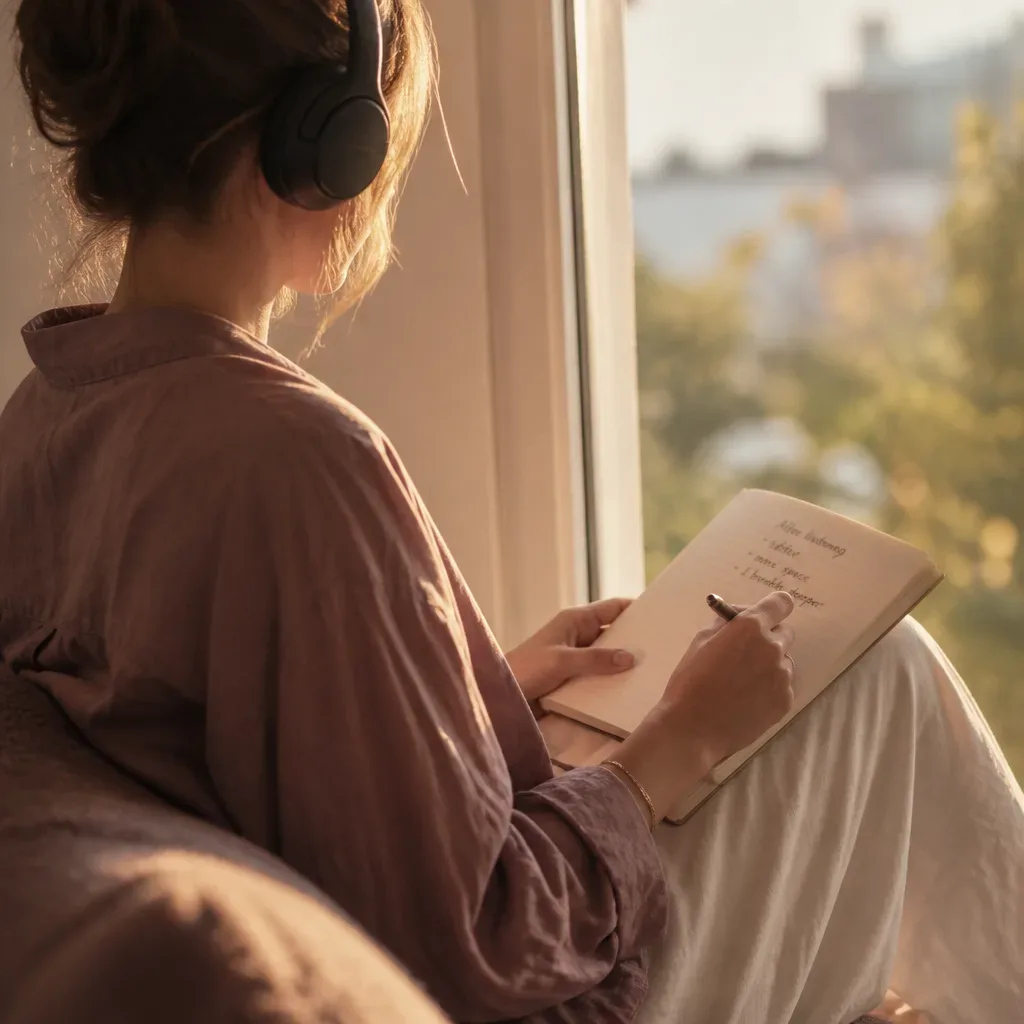Person listening with notebook beside quiet window