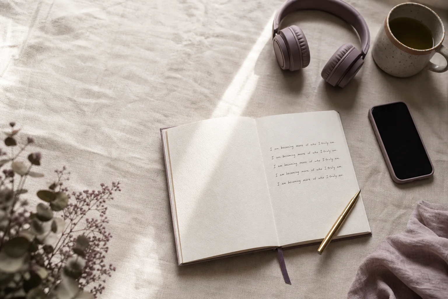 Notebook and headphones on a quiet morning table
