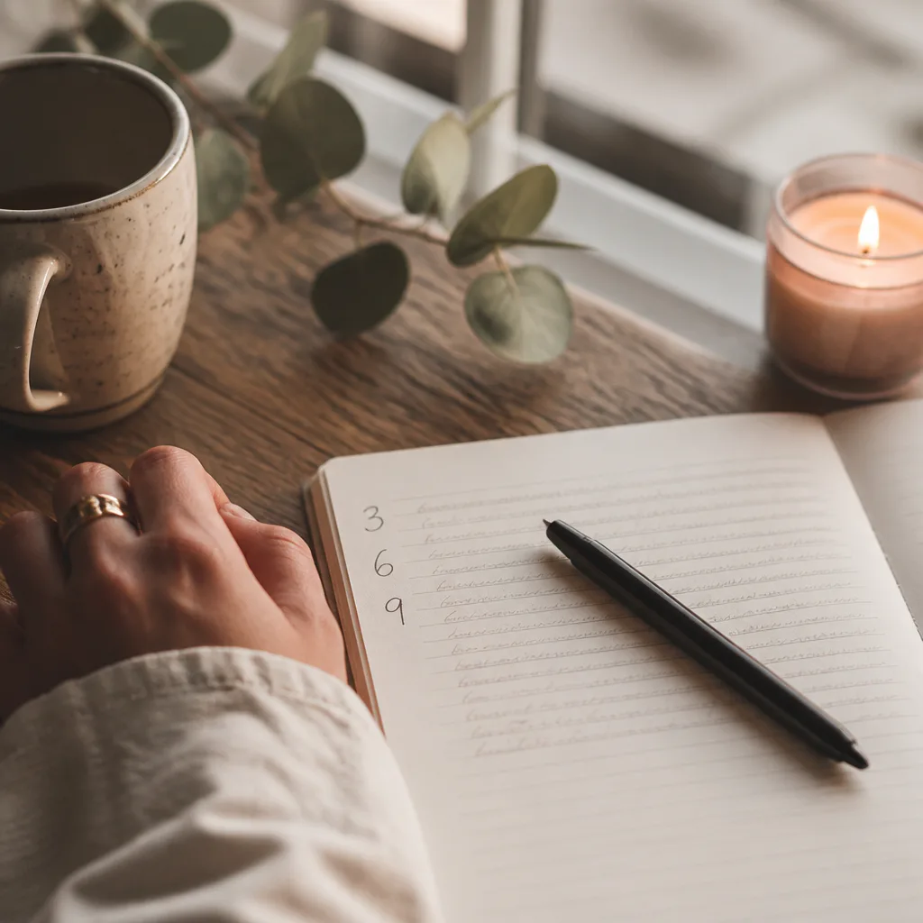 Hand near notebook with 369 writing practice