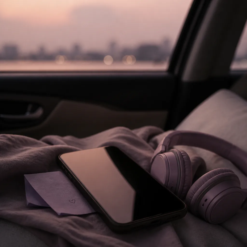 Phone and headphones resting in evening light