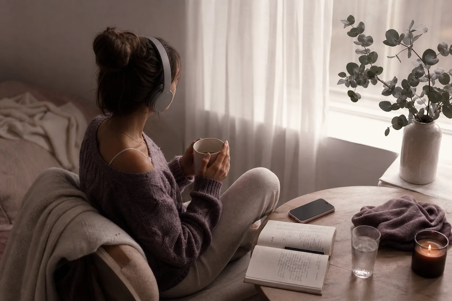 Woman listening quietly beside a morning window
