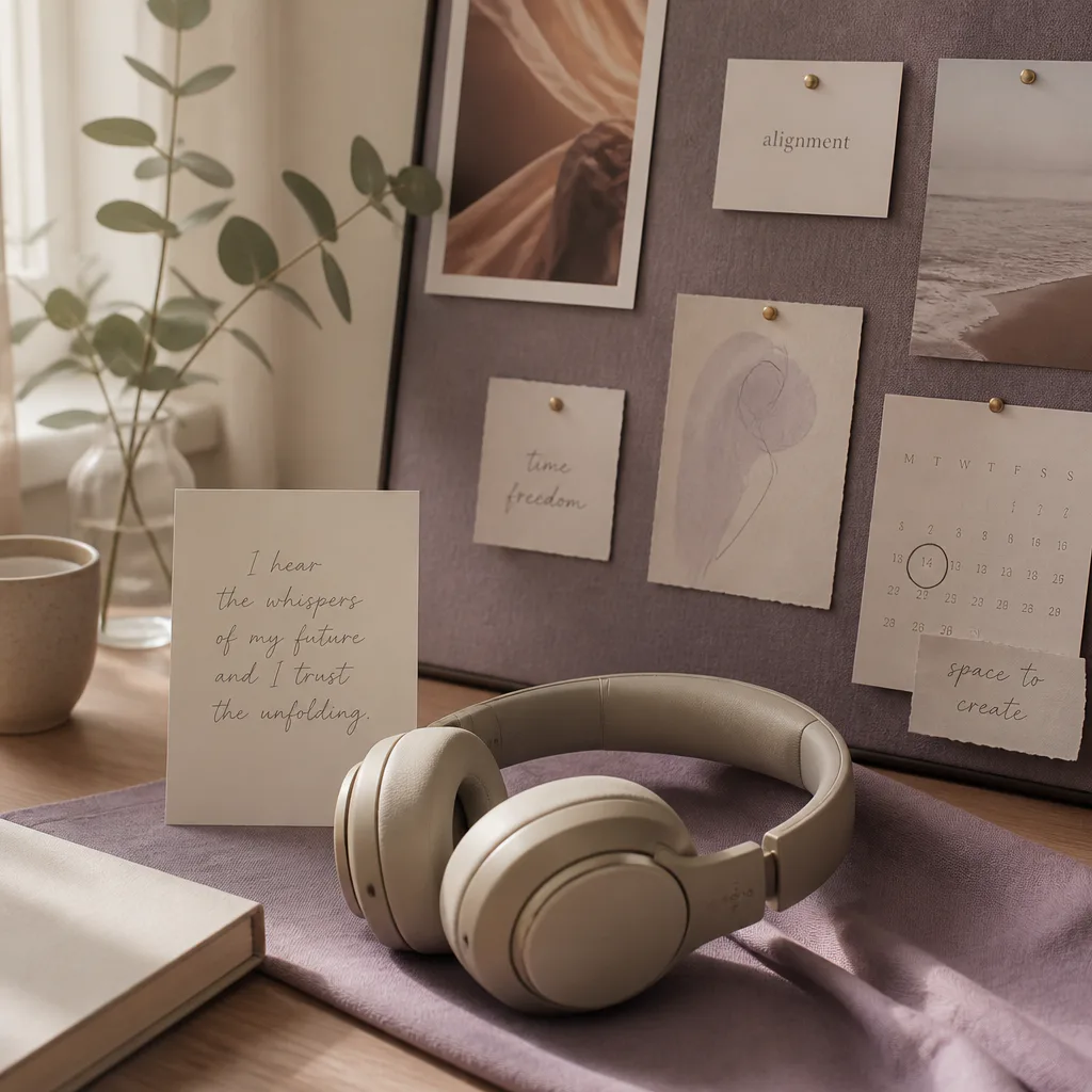 Affirmation card beside a quiet manifestation board