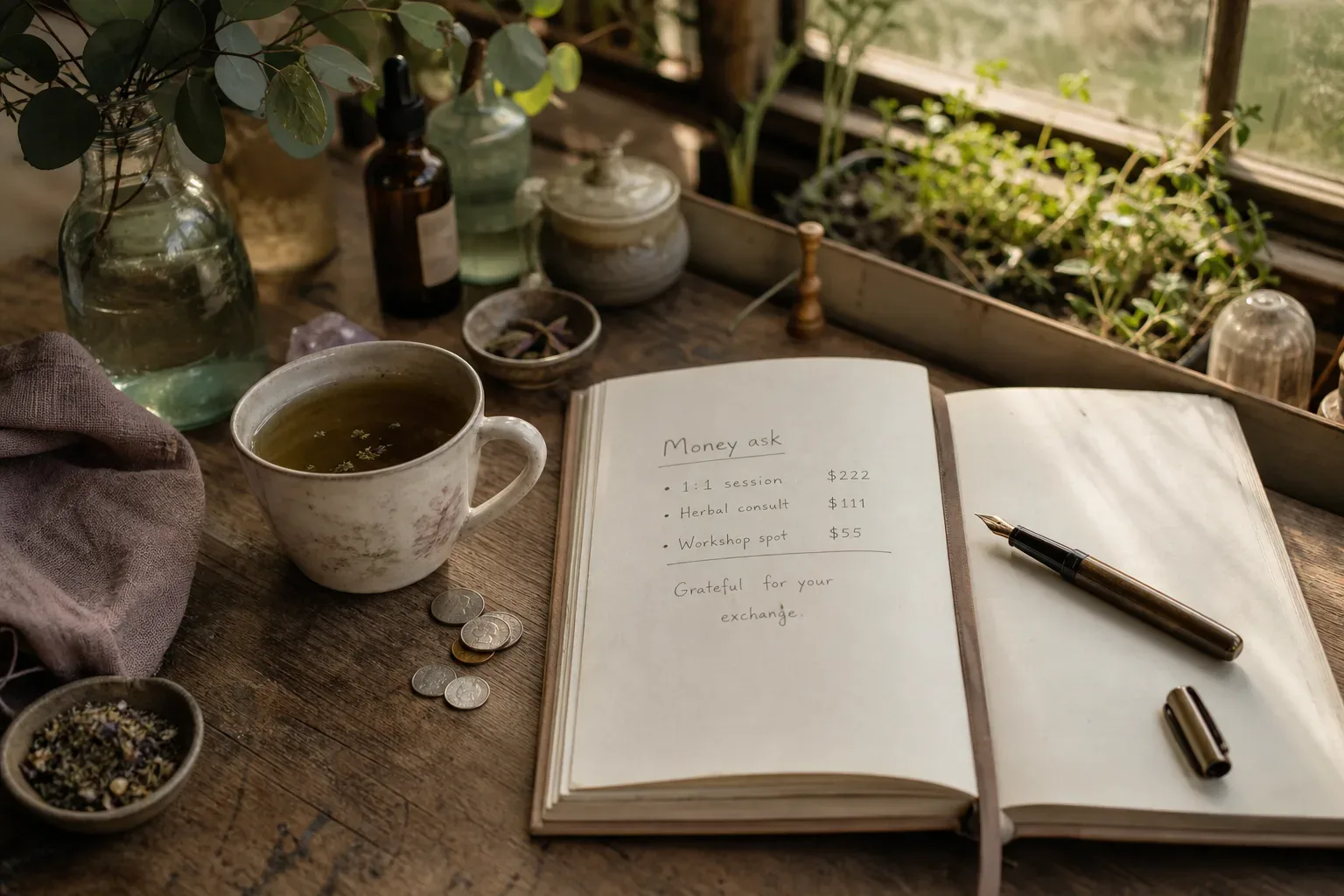 Tea, notebook, and coins on a quiet table
