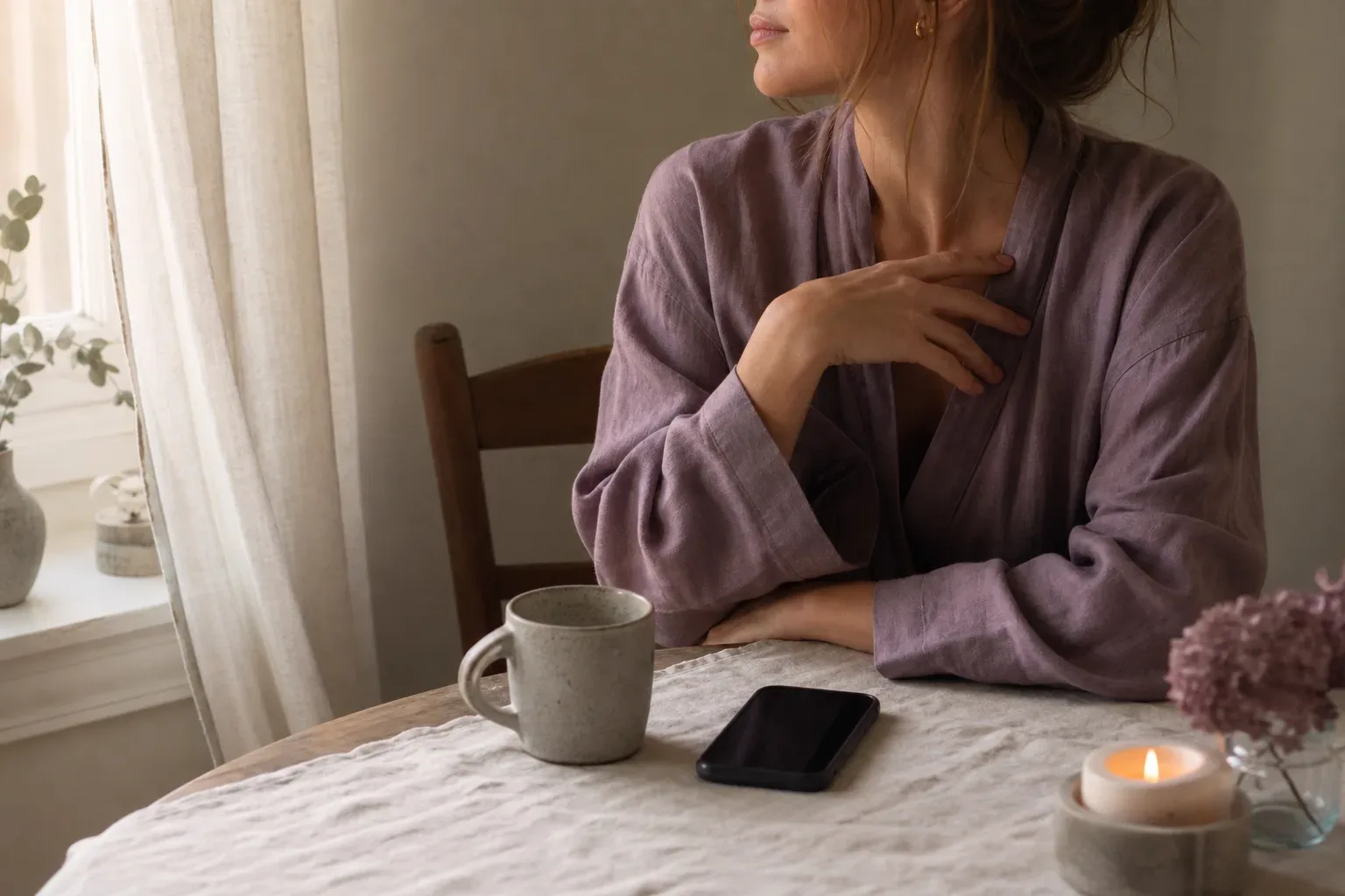 Woman listening quietly beside a candle at dawn