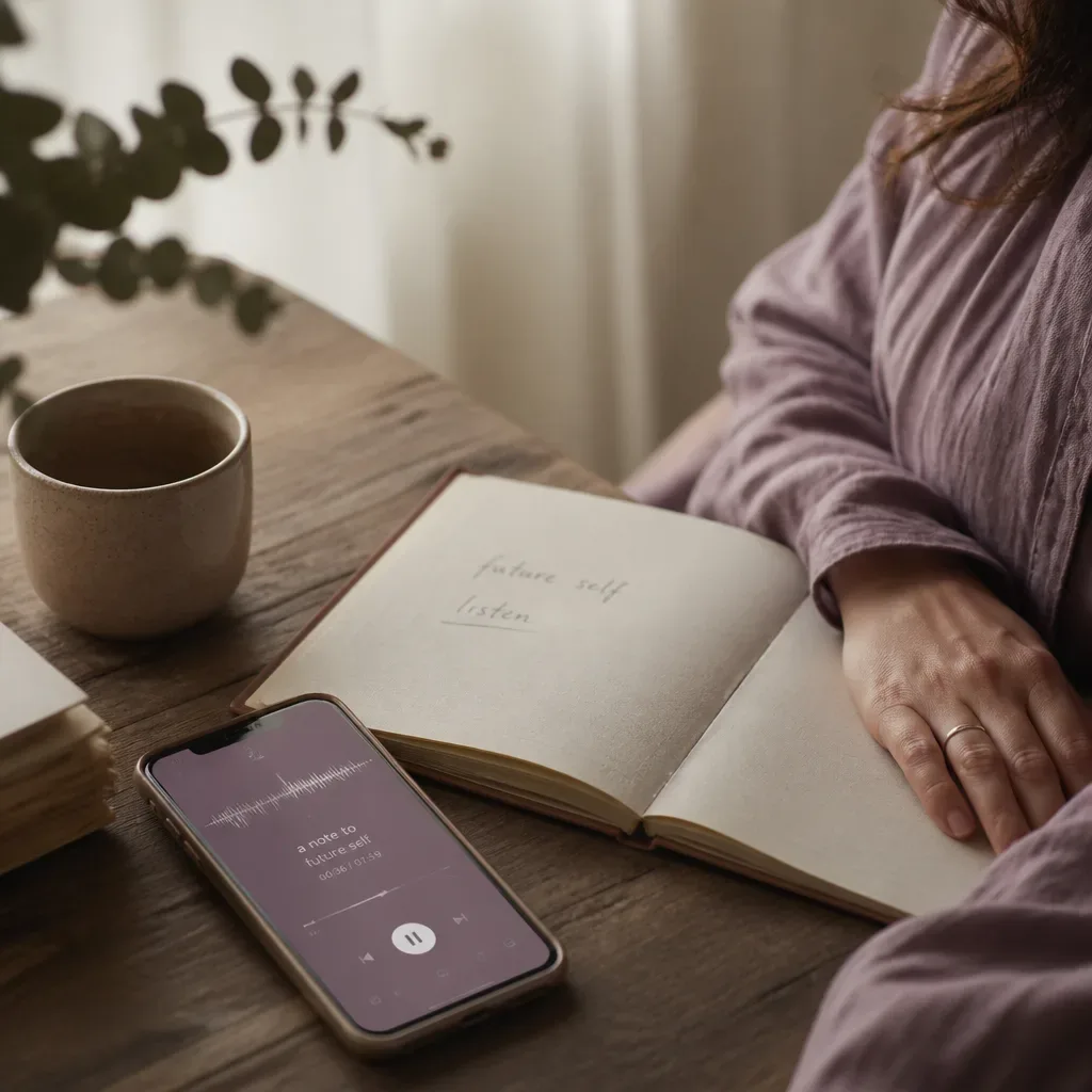 Phone and notebook prepared for future-self audio