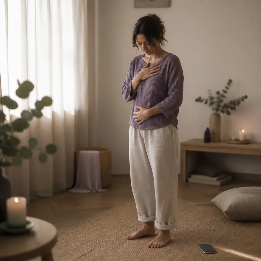 Barefoot woman sensing her body after listening