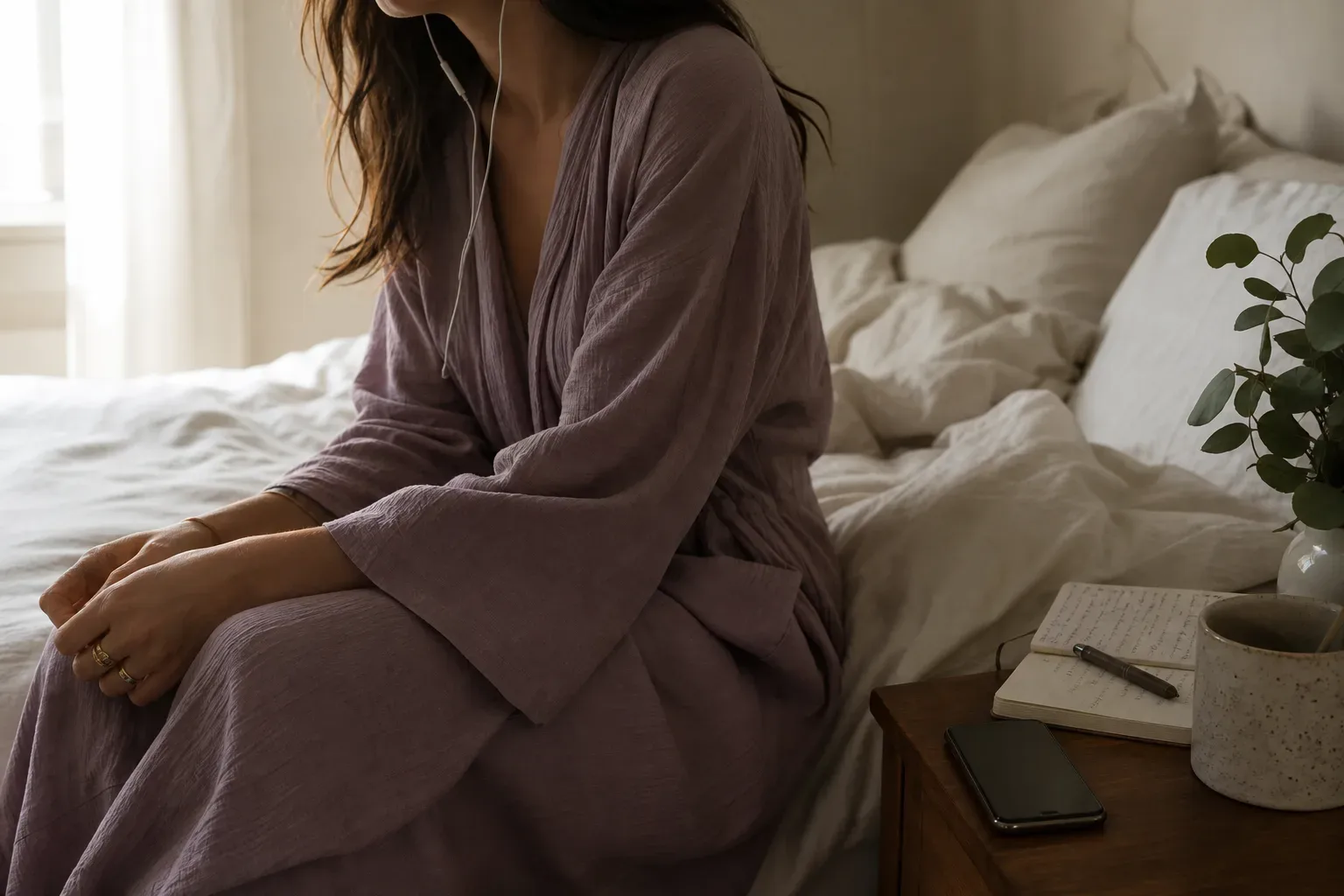 Woman listening quietly with notebook beside her