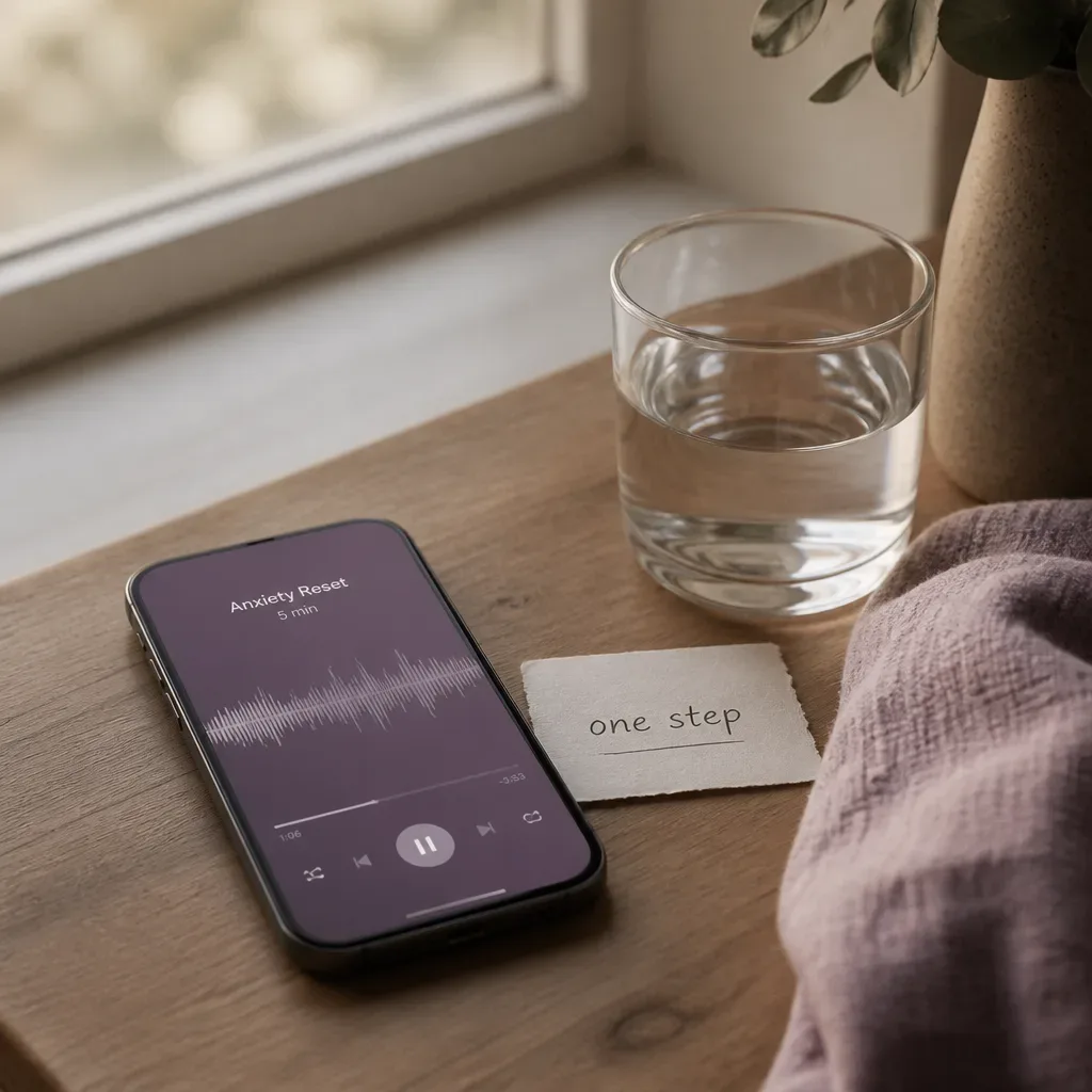 Phone audio reset beside water and handwritten note