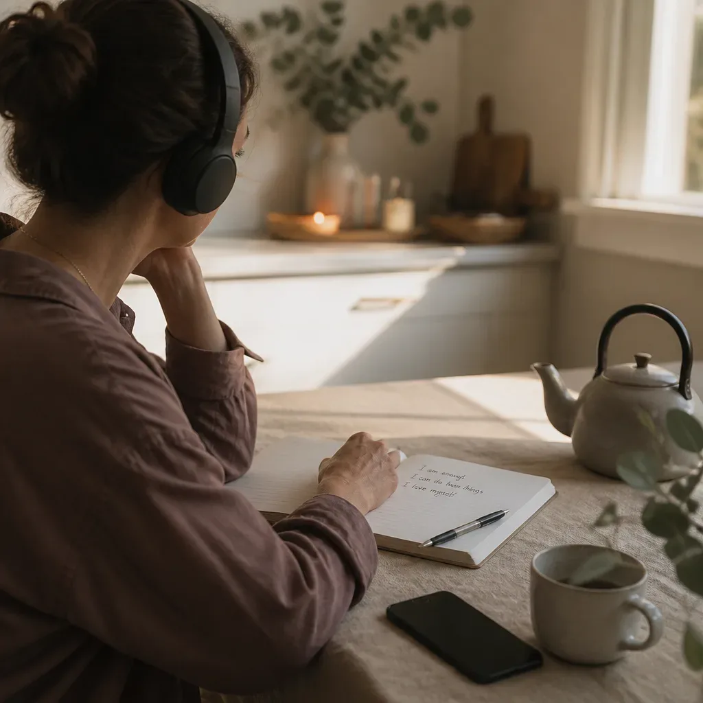 Headphones beside notebook before a small beginning