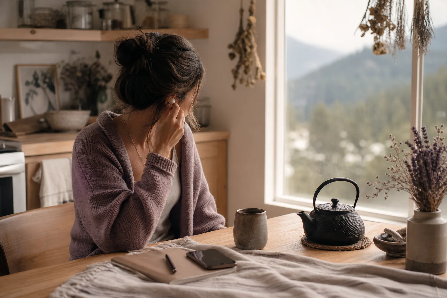 Woman listening quietly beside a morning kettle