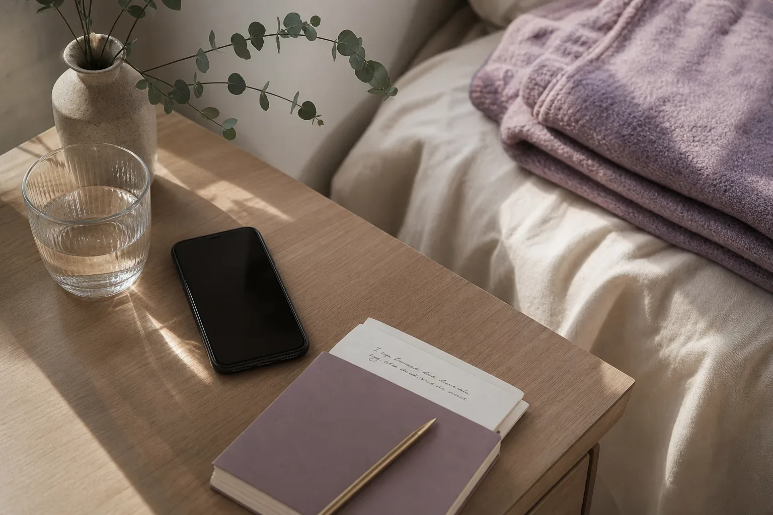 Quiet bedroom with phone beside a glass of water