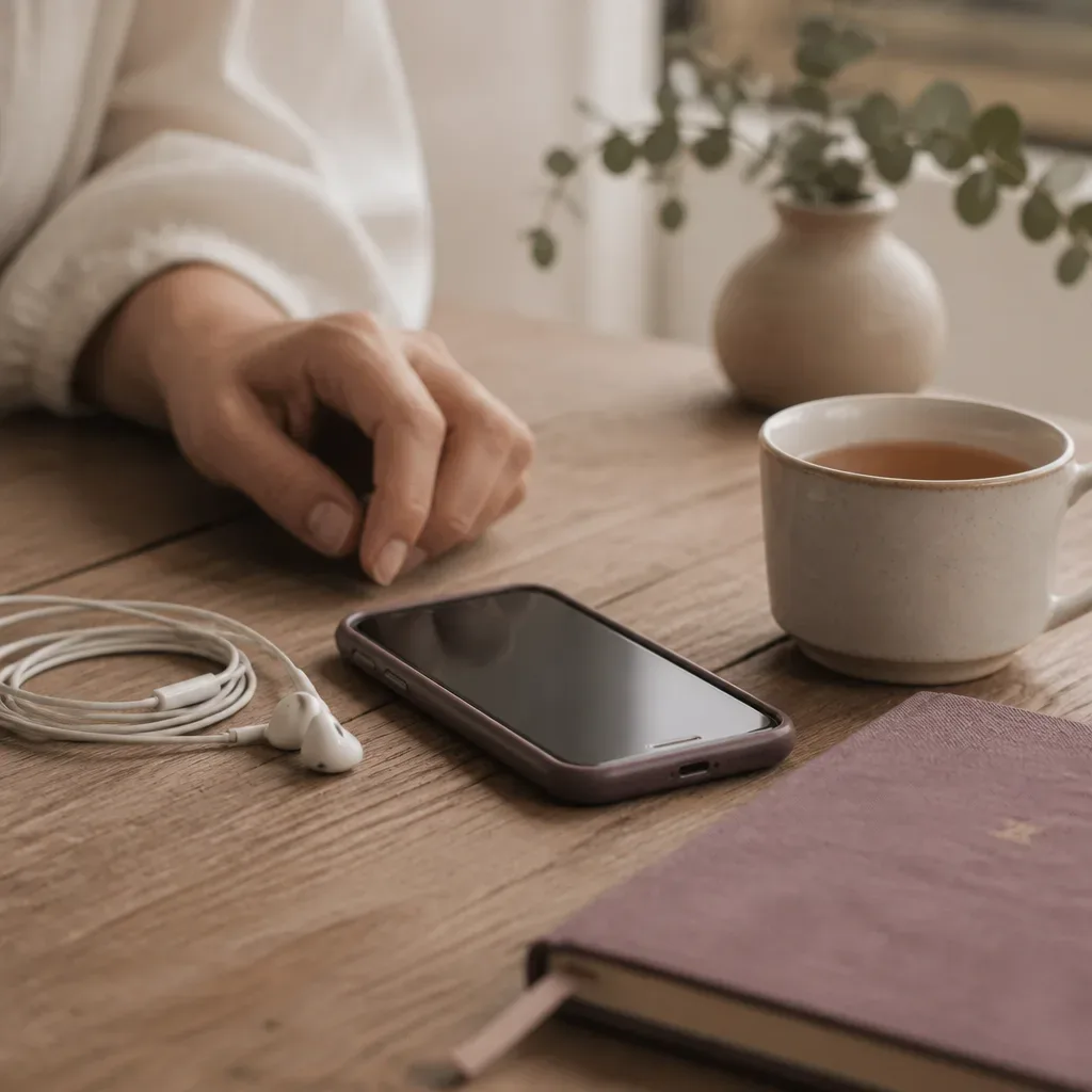 Hand paused beside phone and earbuds