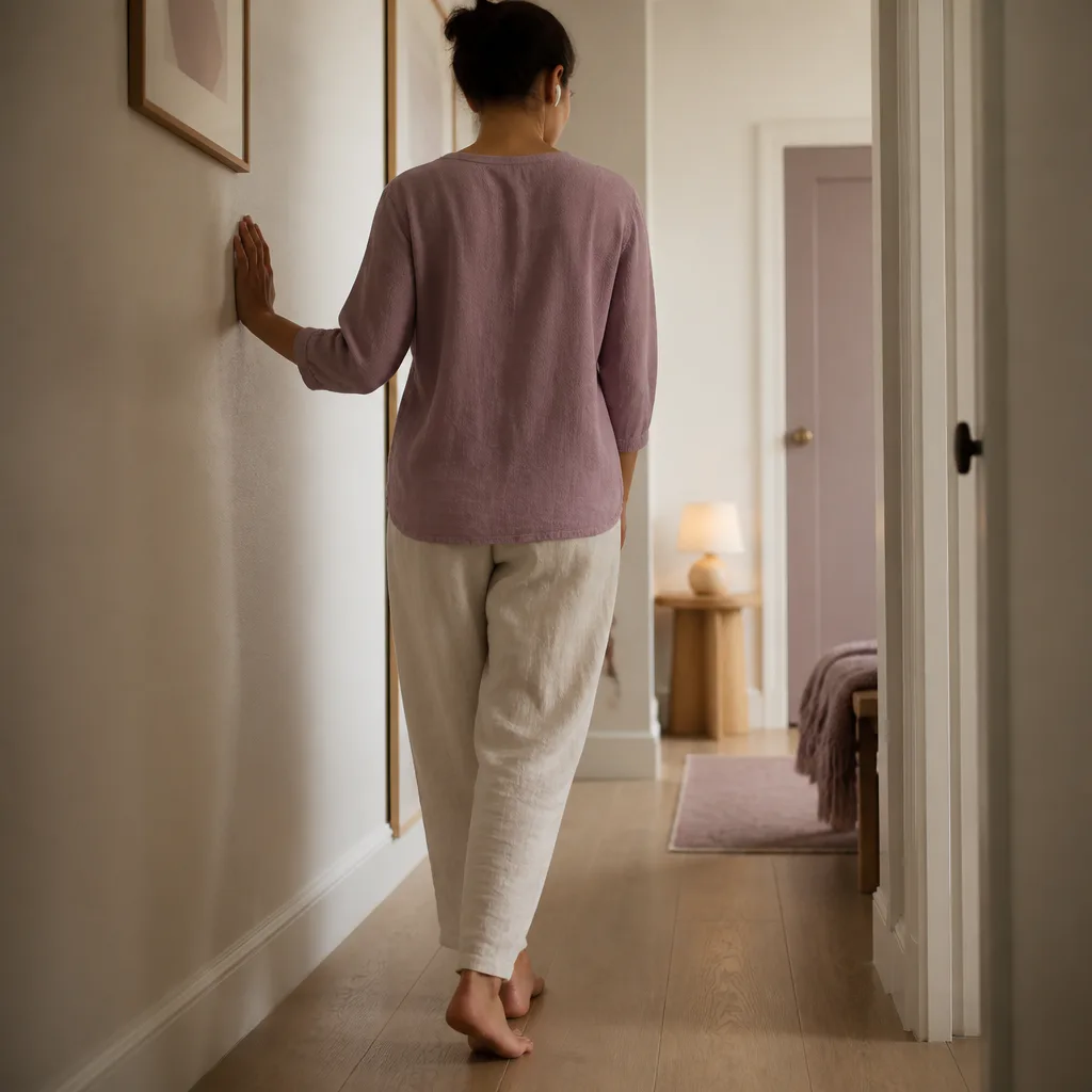 Person walking slowly while listening to meditation audio