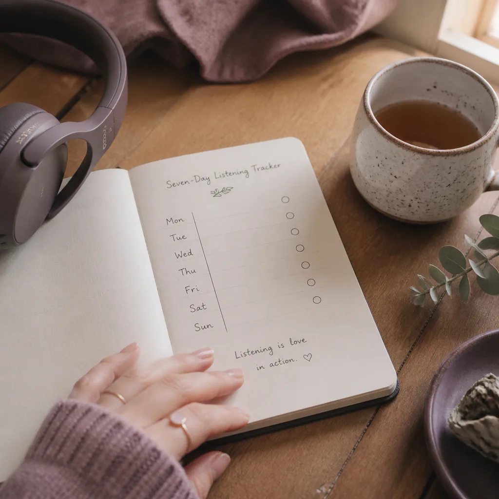Notebook tracker beside headphones and tea