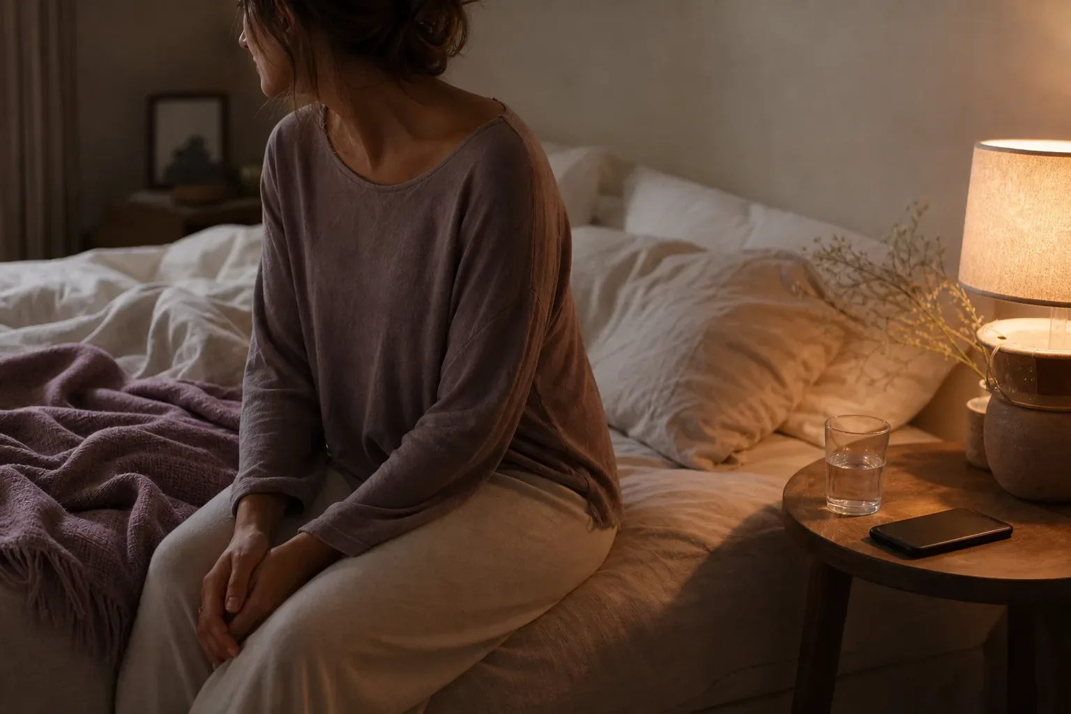 Woman resting beside a soft bedside lamp