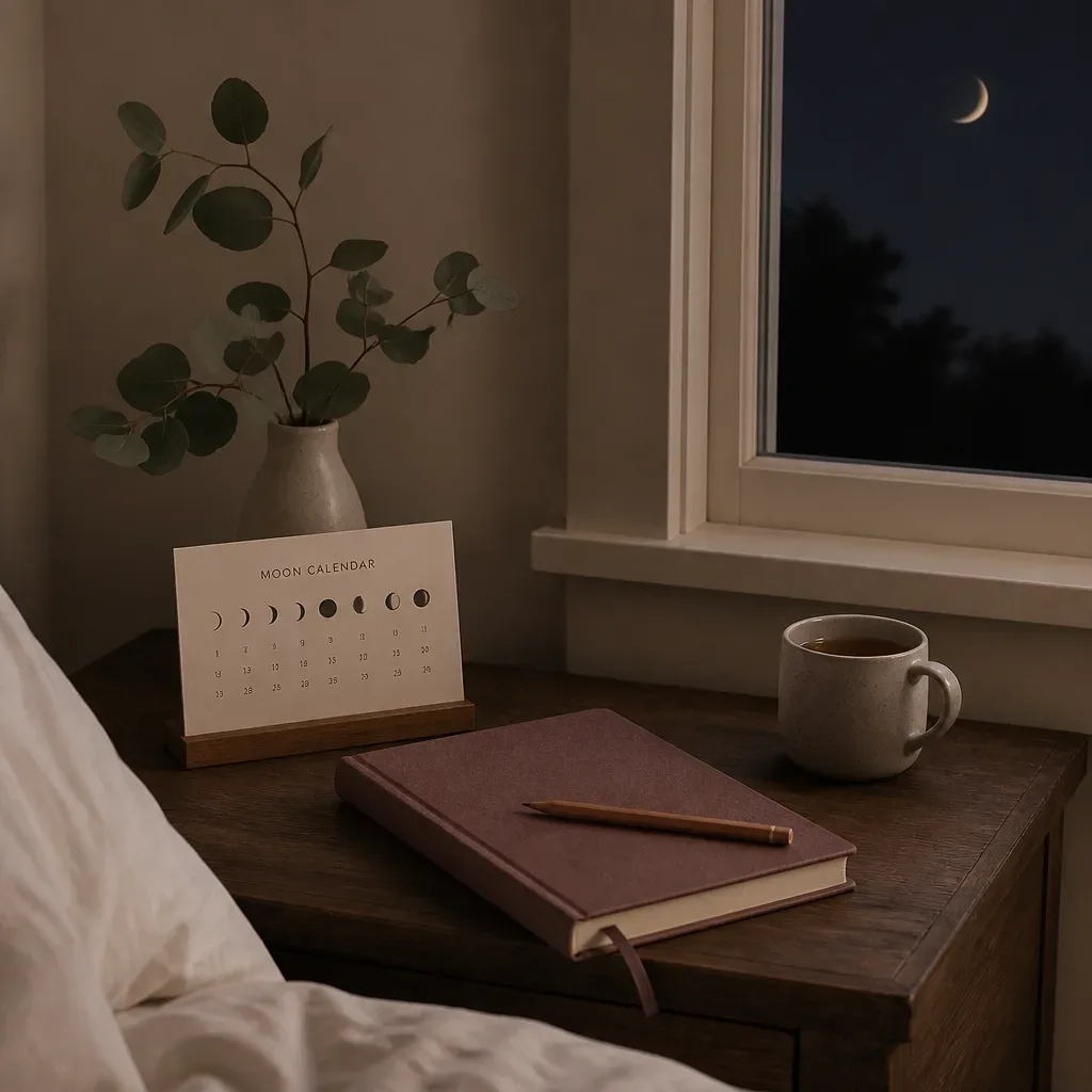 Moon calendar beside a closed bedtime journal