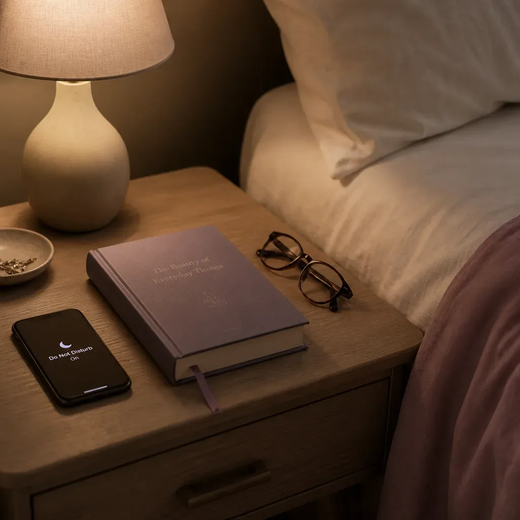 Bedside table prepared for a short night ritual