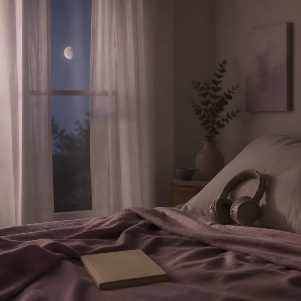 Moonlit window beside headphones on a pillow