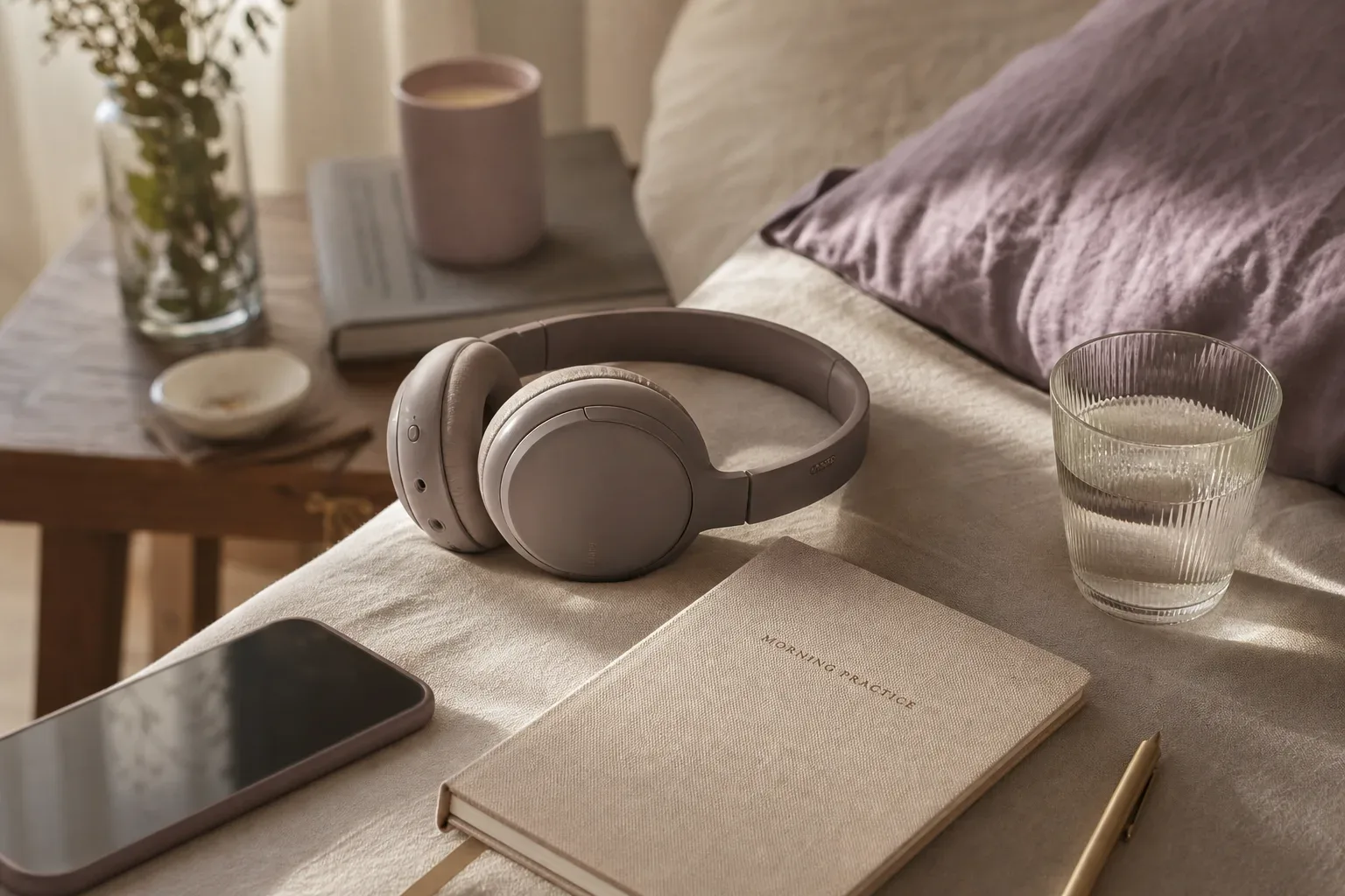 Headphones beside a journal in quiet morning light