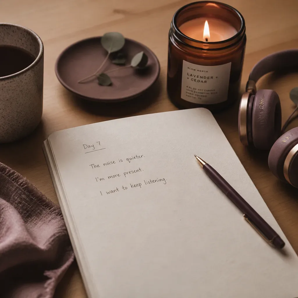 Journal notes beside headphones and a candle