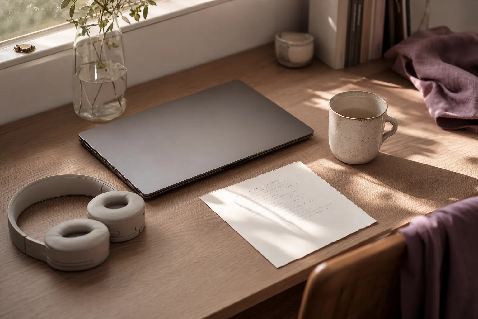 Quiet desk with headphones and morning light