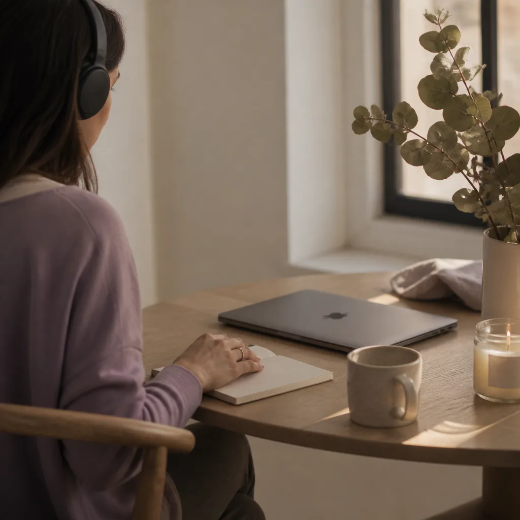 Person listening before opening their work laptop