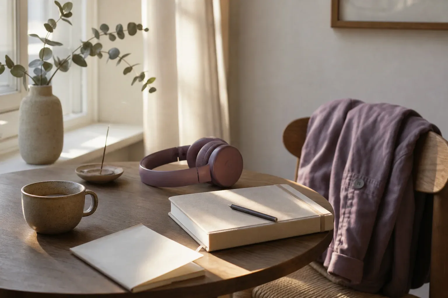 Quiet morning table with headphones and folded notes