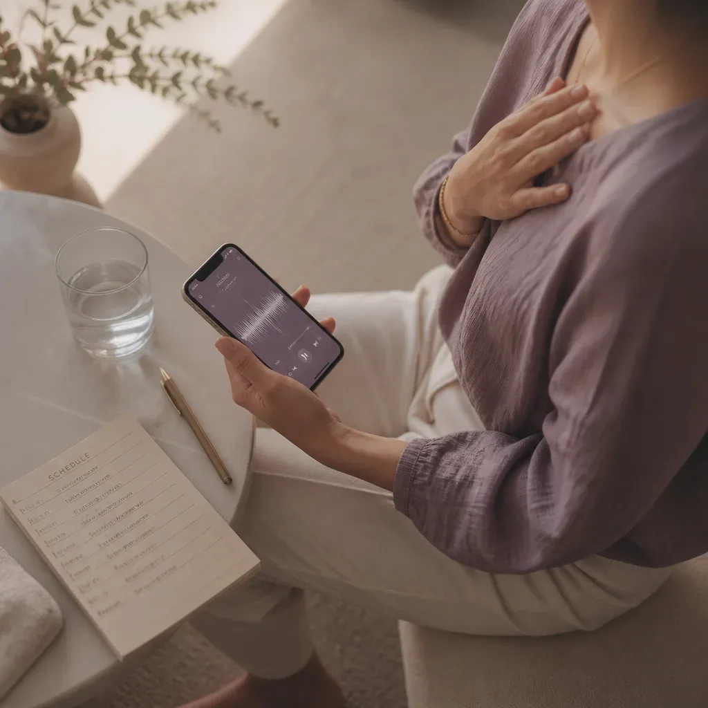 Hand resting on chest while listening to audio