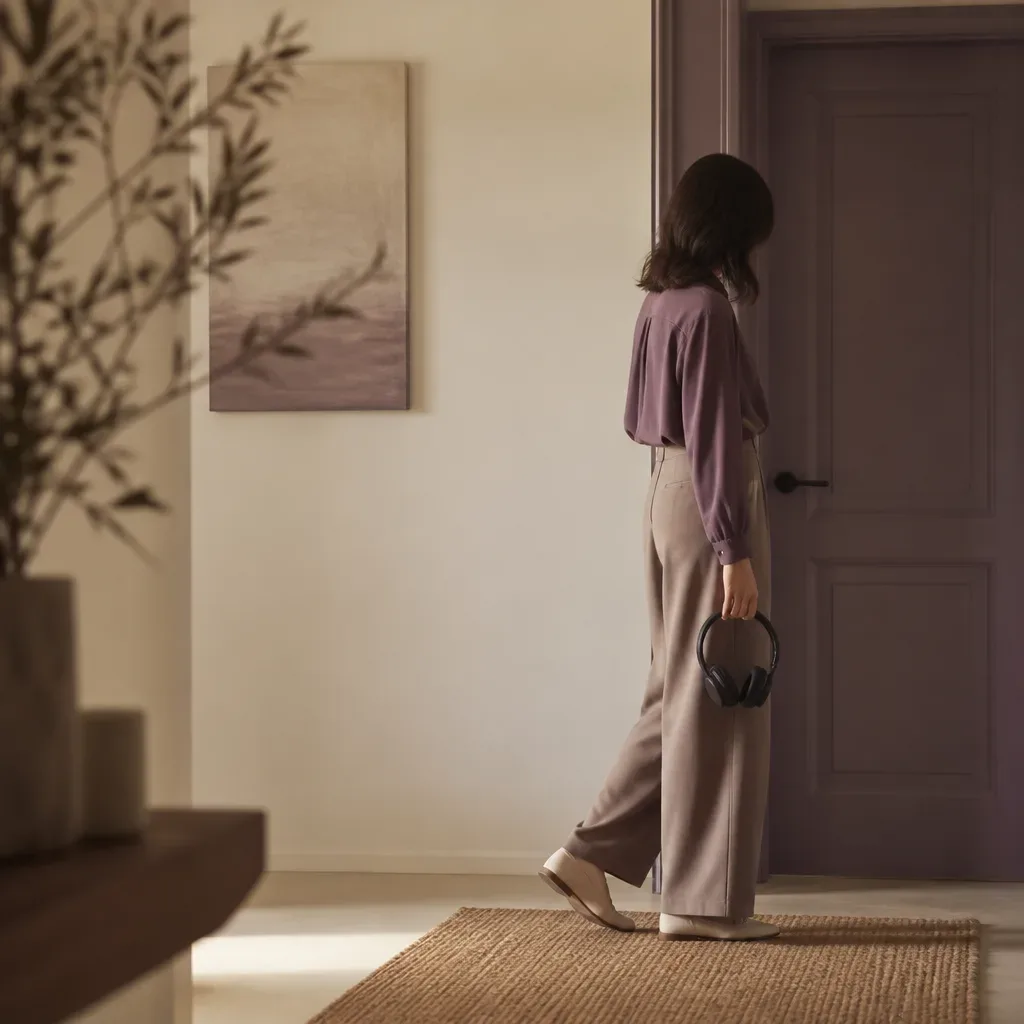 Person pausing with headphones before a doorway