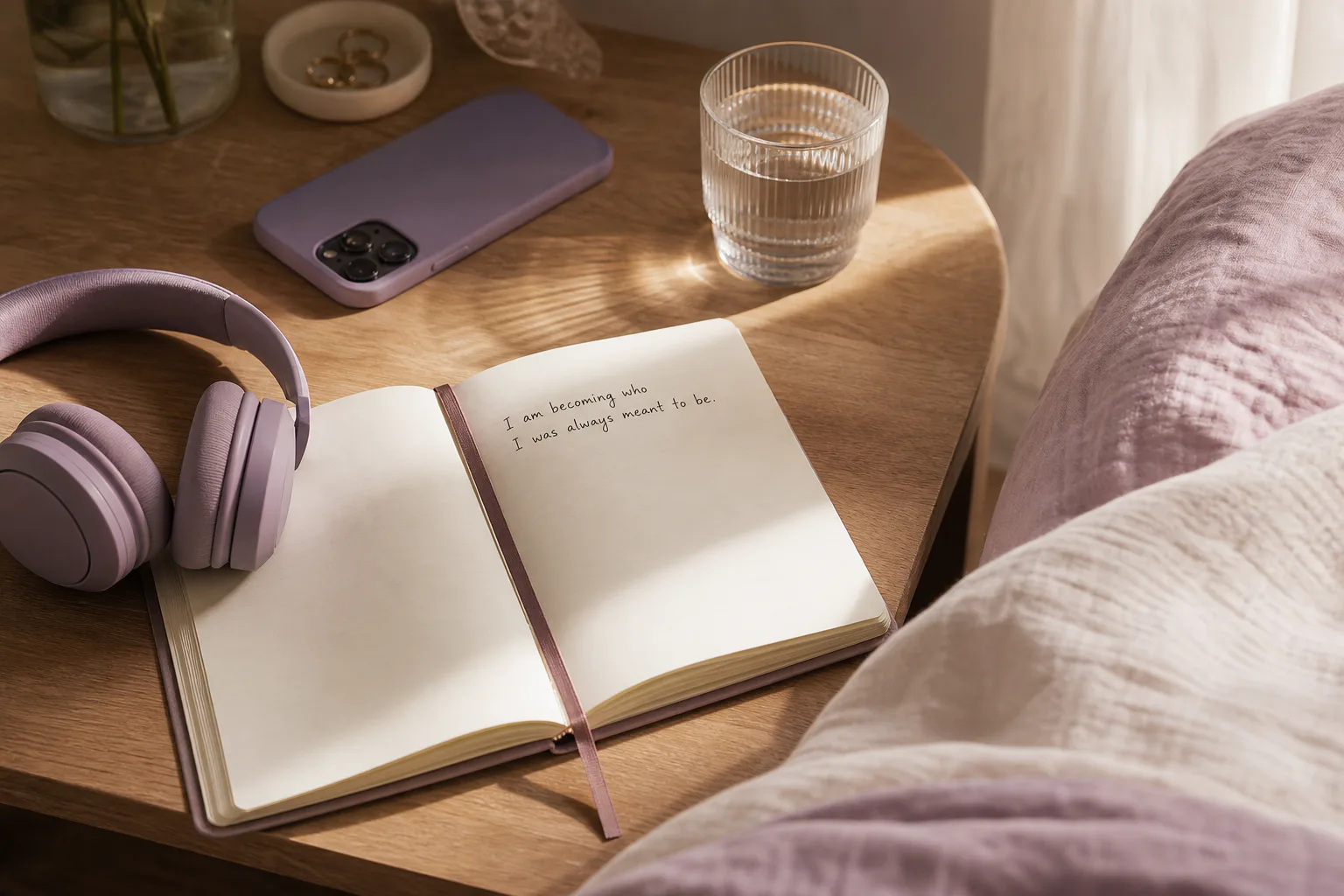 Phone beside headphones and a quiet morning notebook