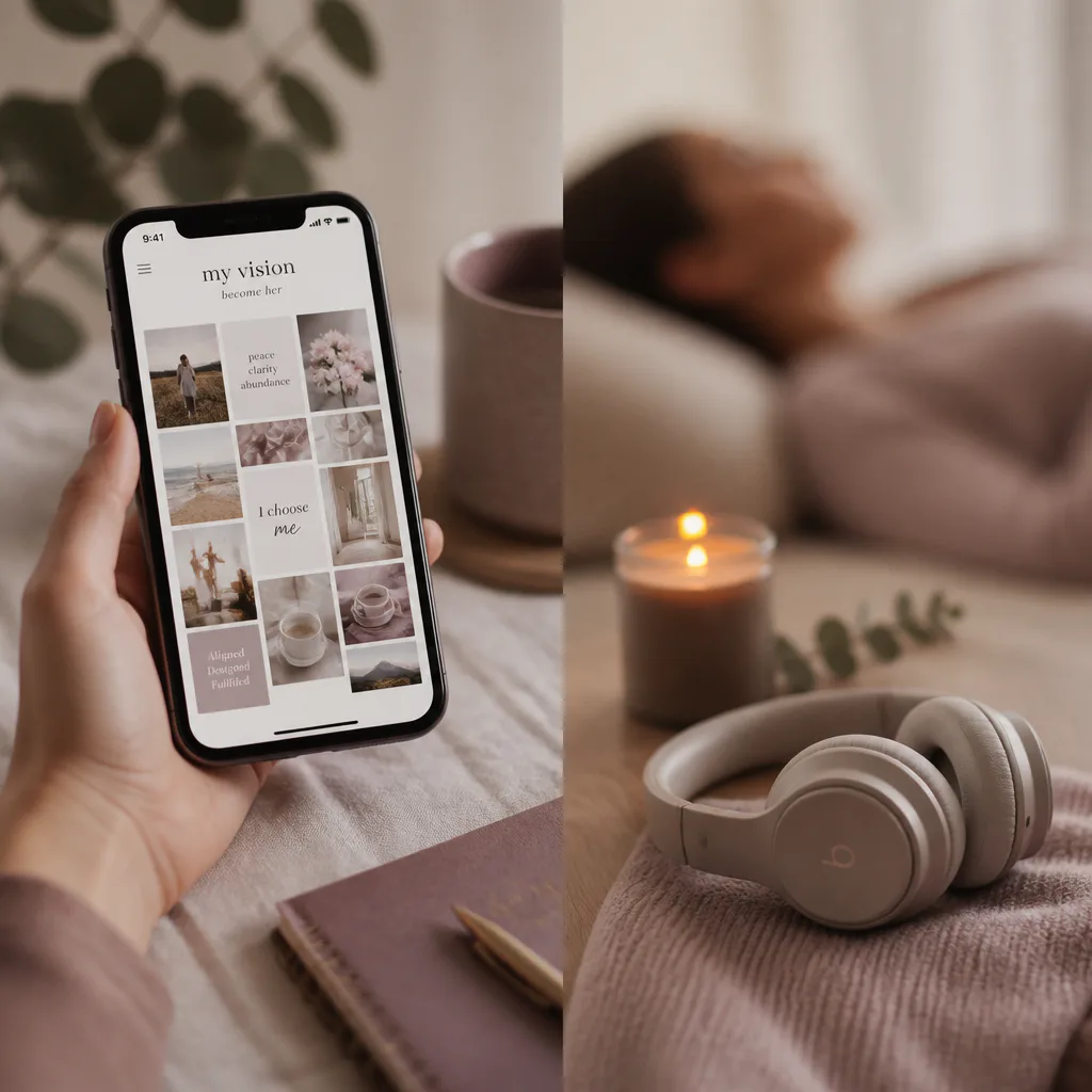 Phone vision board beside headphones for listening