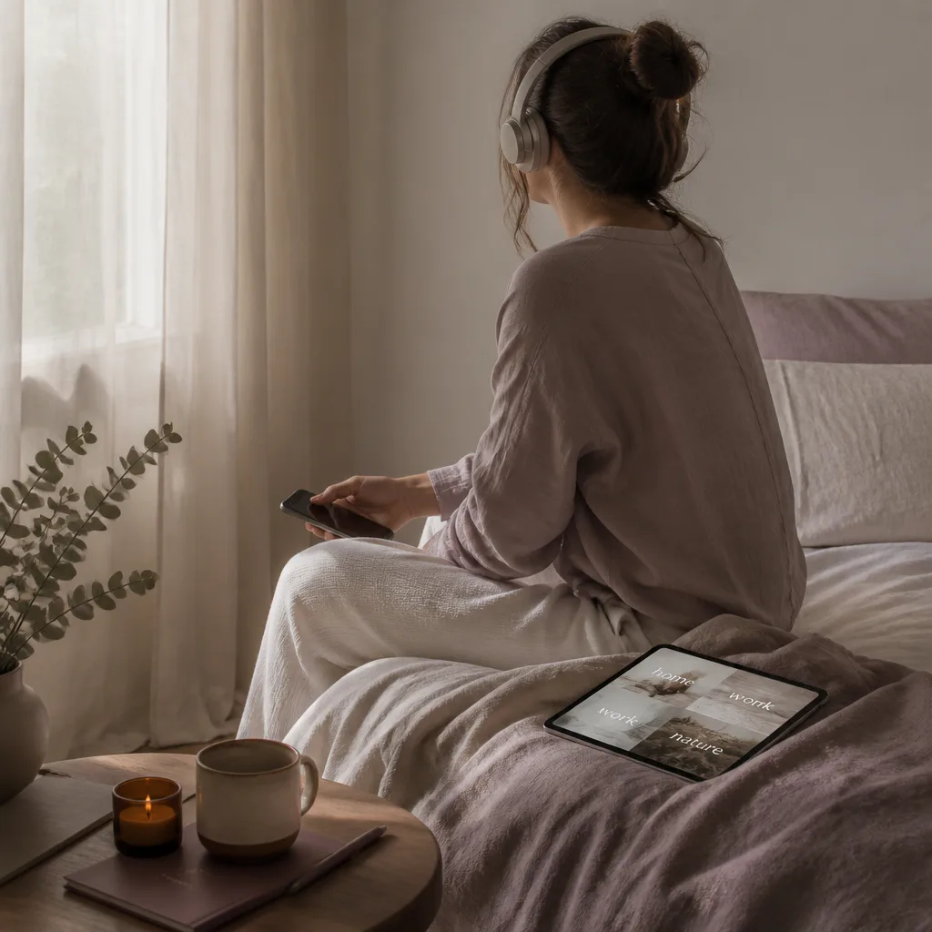 Person listening beside a simple digital vision board