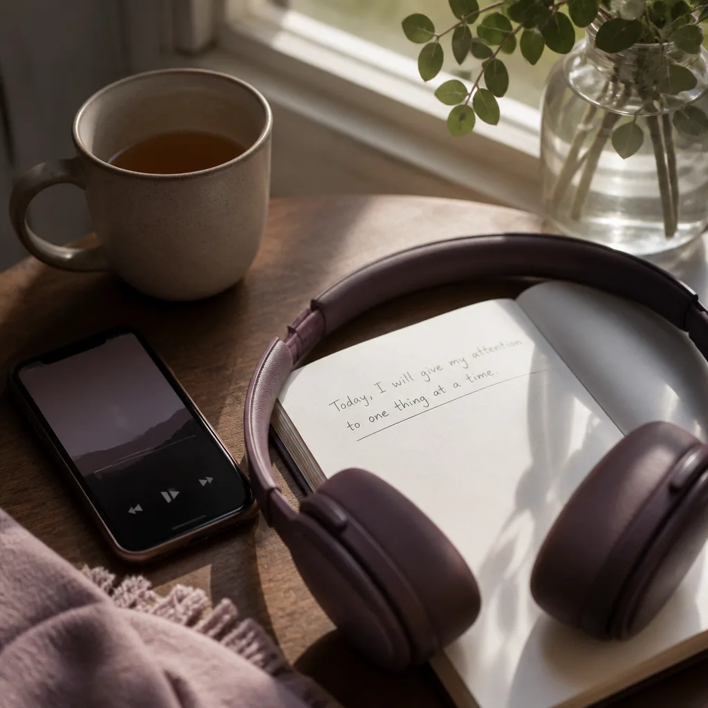 Phone audio beside notebook in morning light