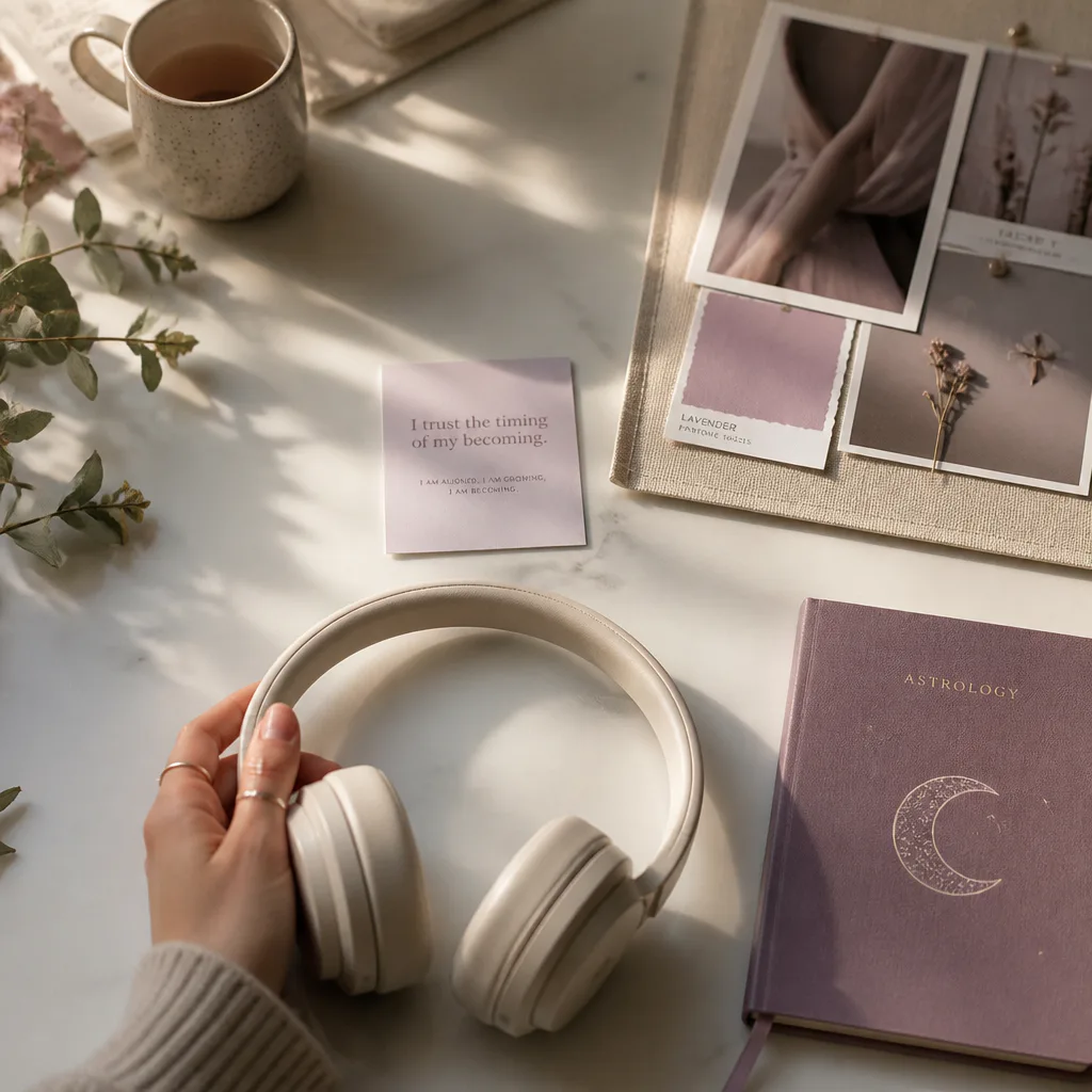 Headphones centered among quiet manifestation tools