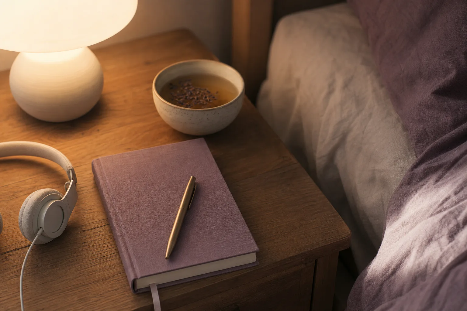Bedside tea and headphones in soft evening light