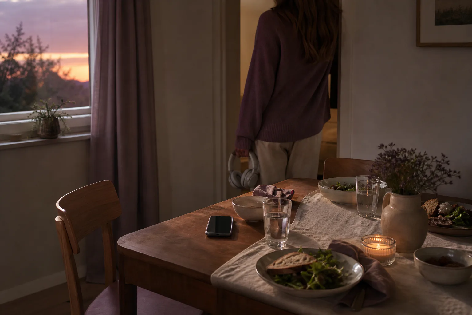 quiet family table with one listening figure