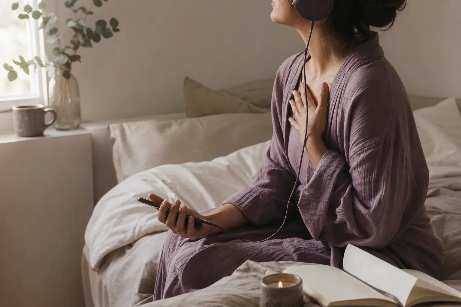 Woman listening quietly with one hand on her chest
