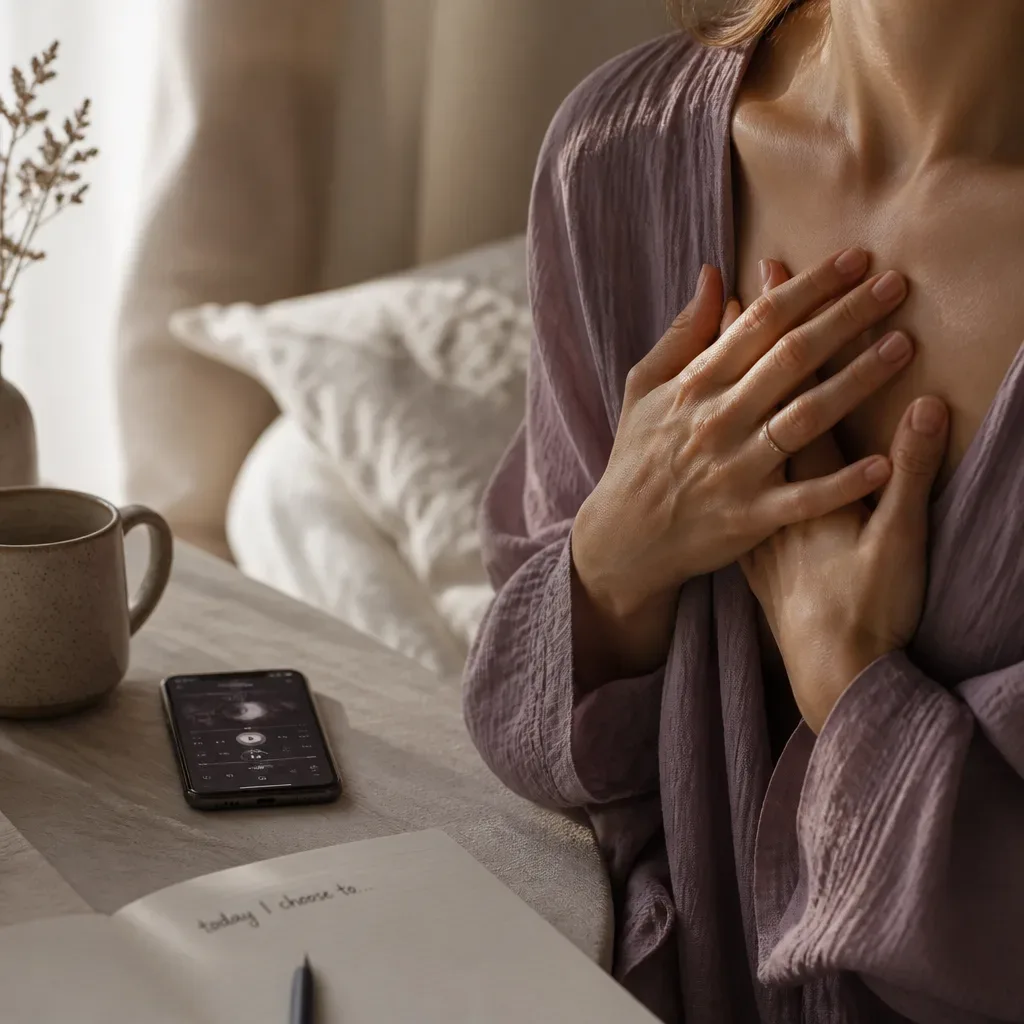 Hands resting on chest while listening to audio