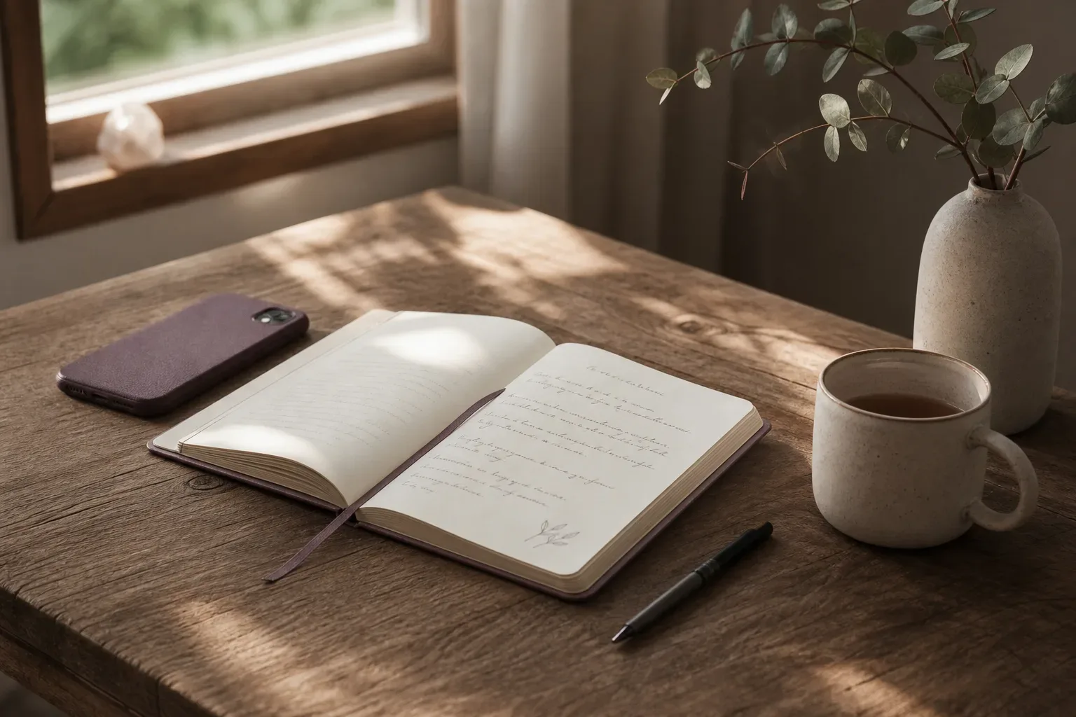 Quiet desk with phone and open notebook