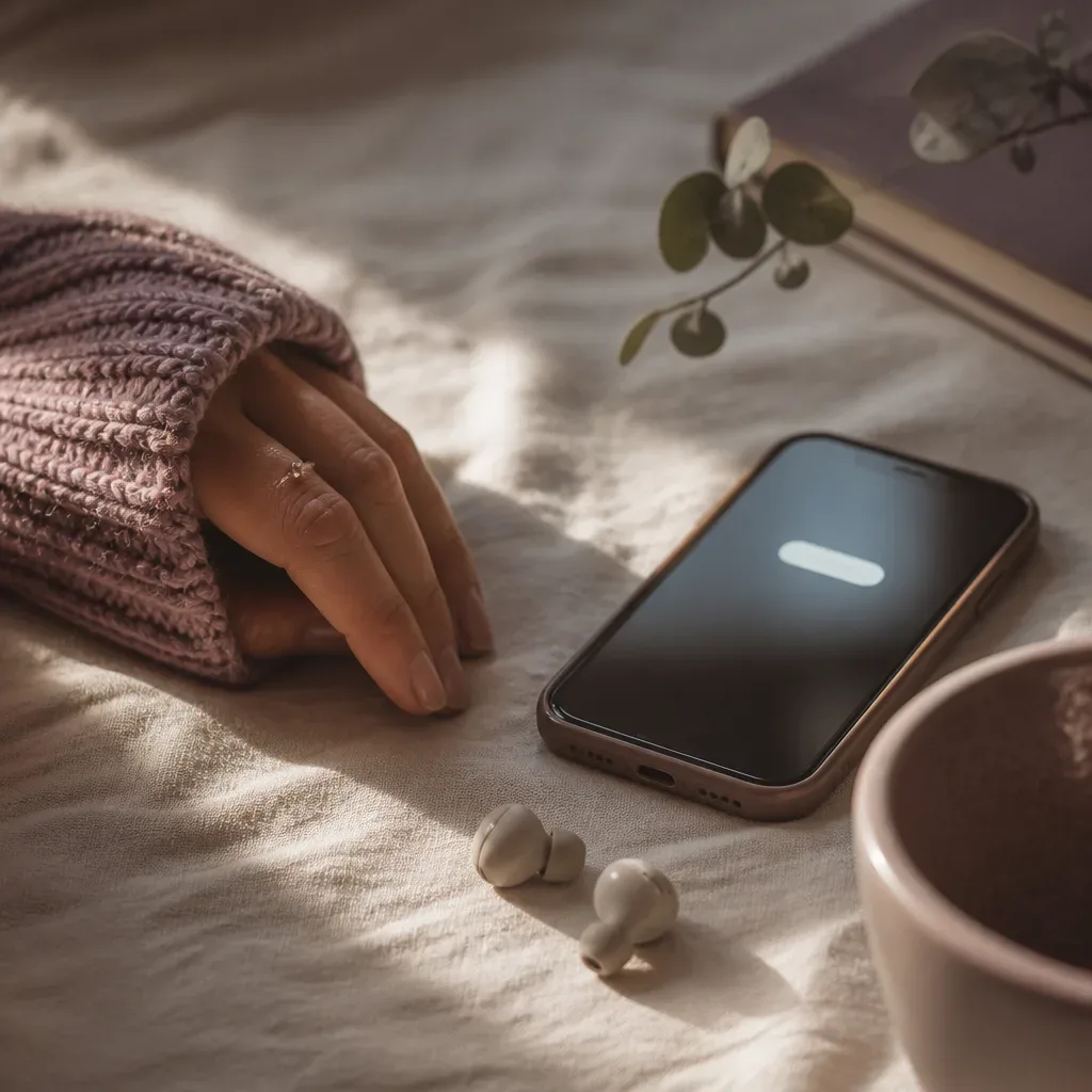 Hand pauses beside phone and earbuds