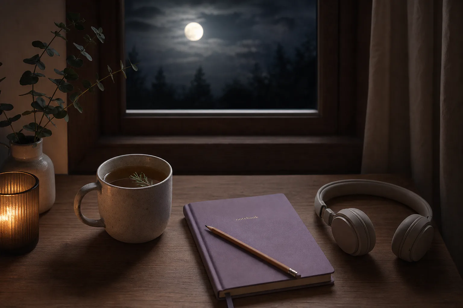 Moonlit tea table with journal and headphones