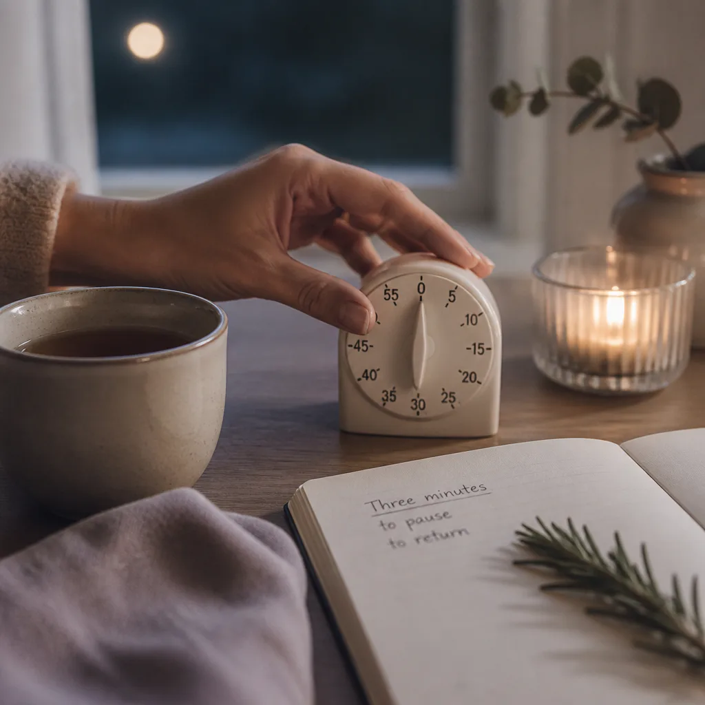 Hand setting timer beside tea and rosemary