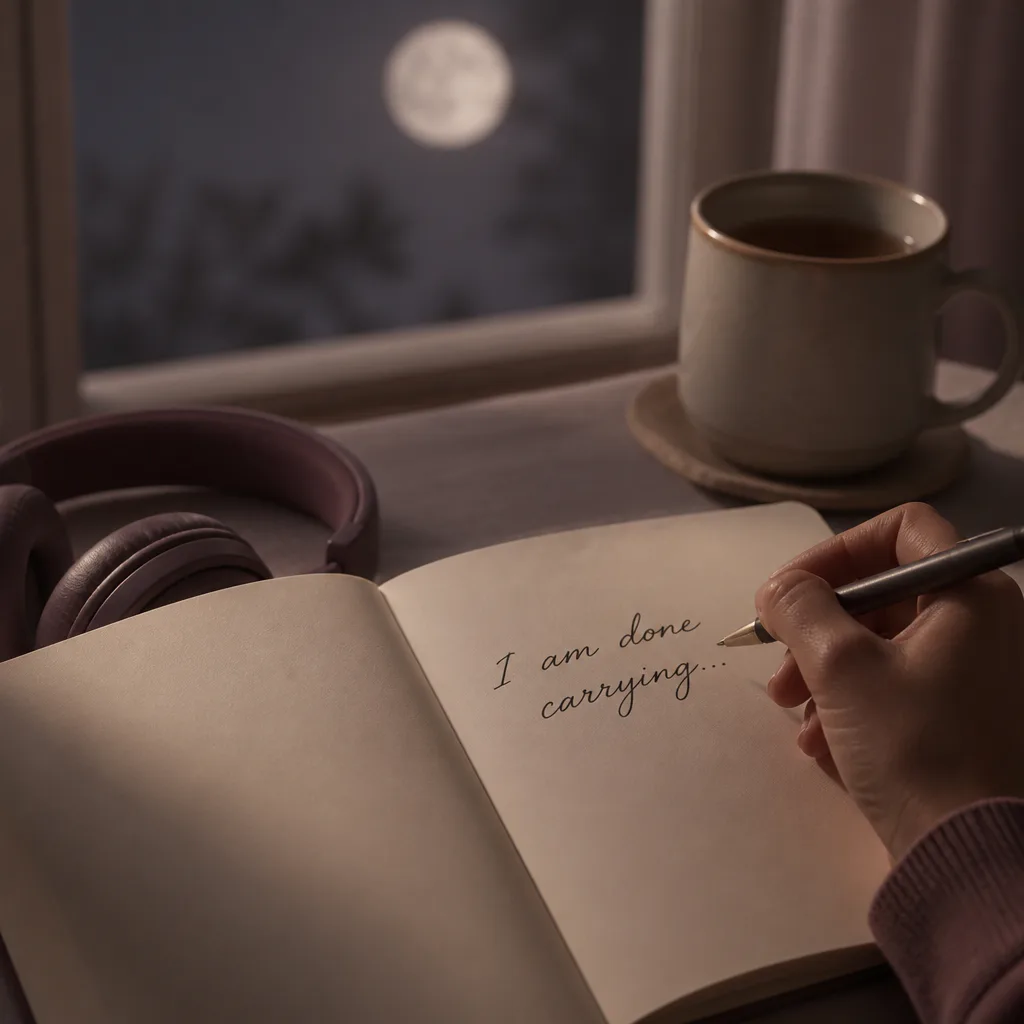 Notebook with release sentence beside headphones