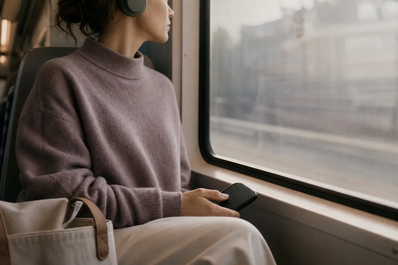 Commuter listening quietly beside a train window