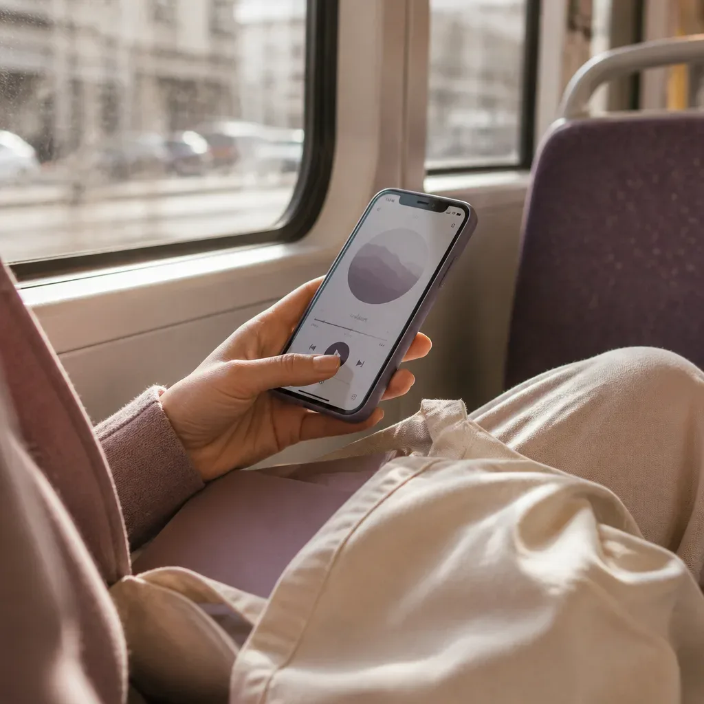 Hand pressing play during a quiet tram commute