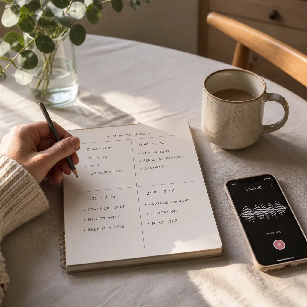 Notebook outlining a three-minute future self script