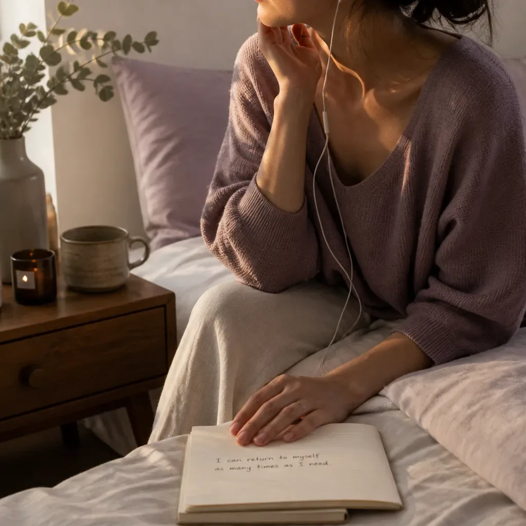 Person listening quietly beside a handwritten note
