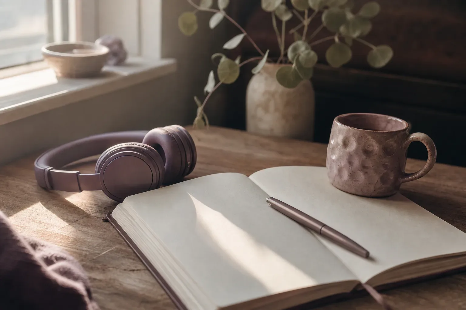 Quiet notebook beside headphones and a clay cup