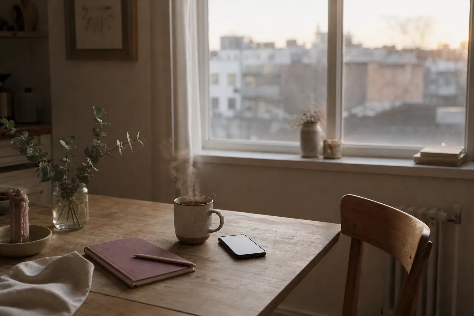 Phone and tea beside a quiet morning window